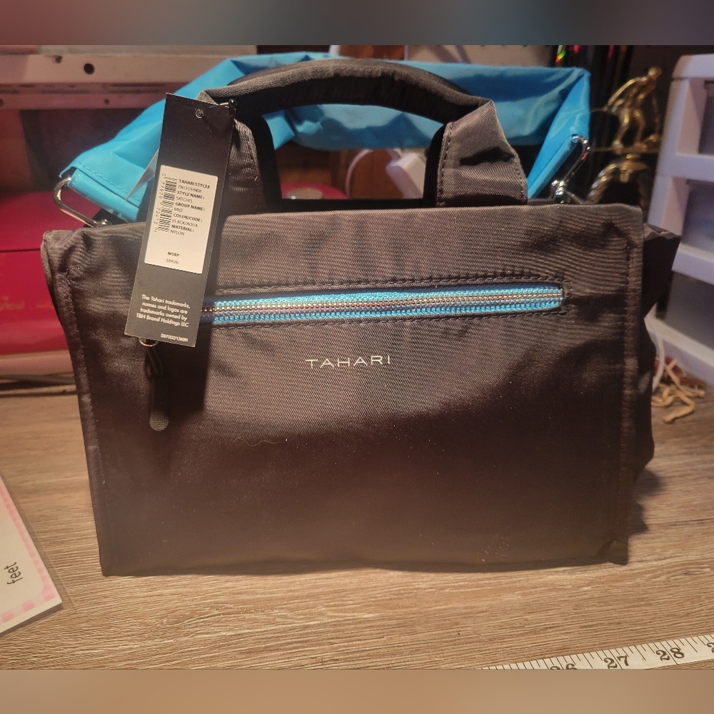 Tahari NWT Black and Aqua Bree Nylon Satchel Bag